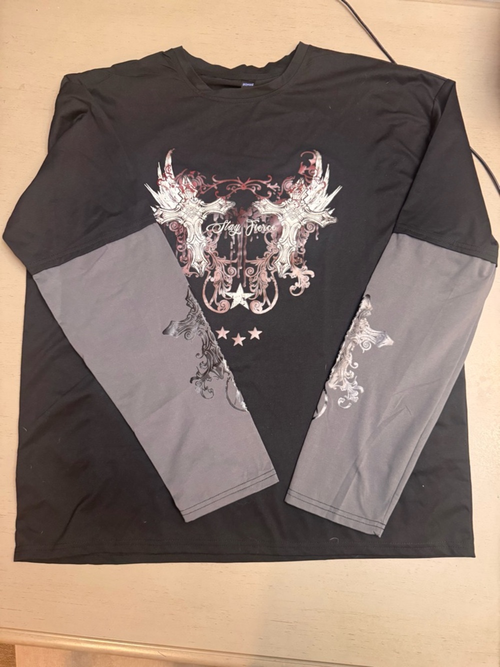 Romwe Size XL Black and Gray Long-Sleeve Graphic Mens Shirt - Stay Fierce New